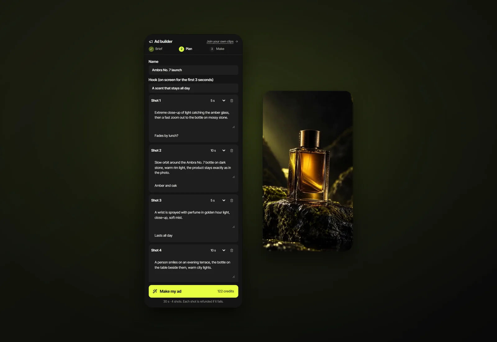 An Ad builder plan with four shots, on-screen words and the price before making the ad