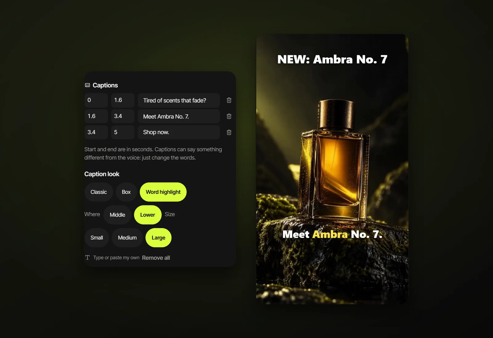A fragrance ad with word-highlight captions in SupaSwirl Finish
