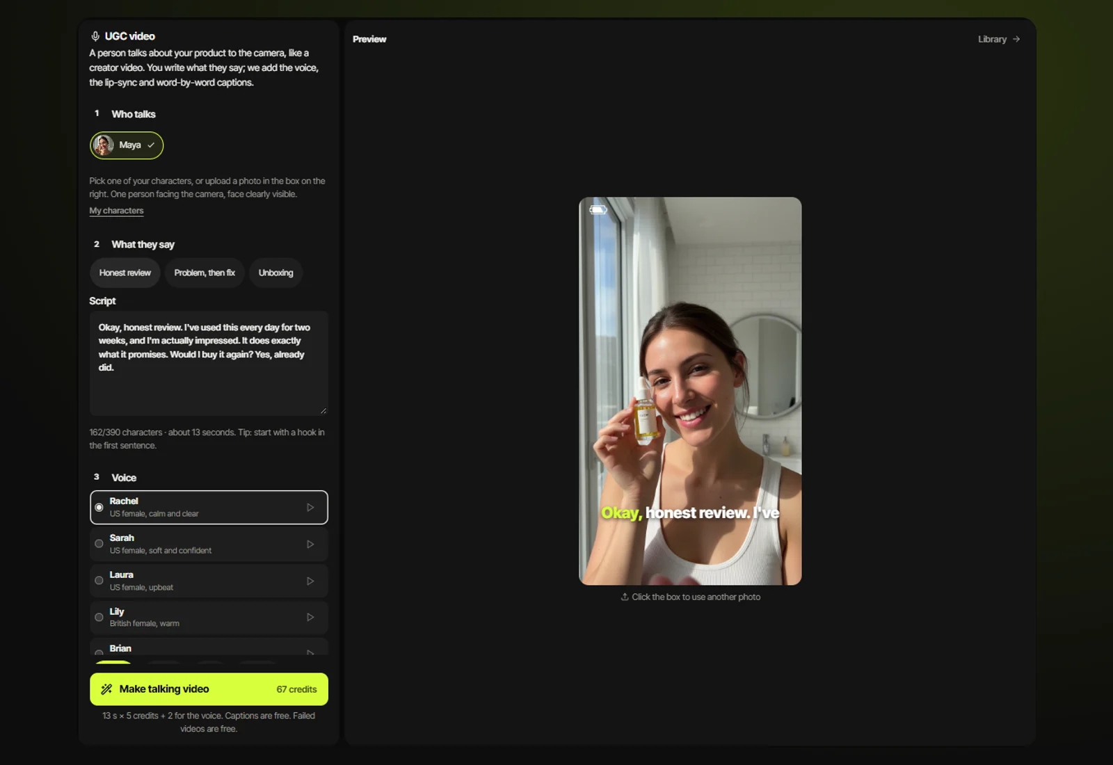 UGC video with a character picked, a review script written and the caption preview on the photo