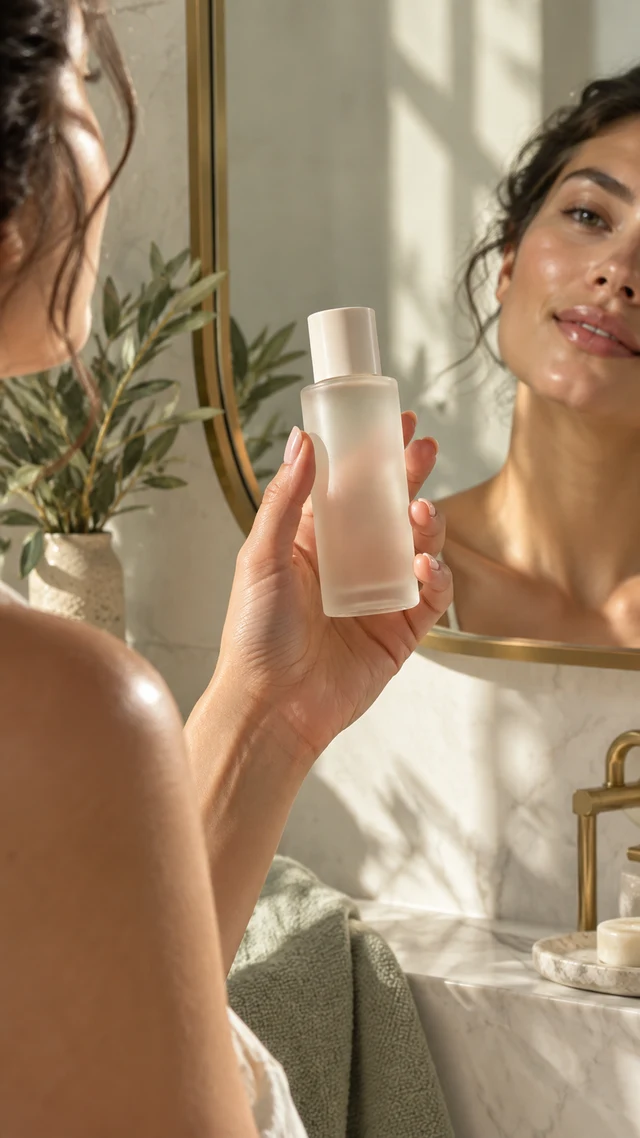 Skincare bottle held in front of a sunlit bathroom mirror