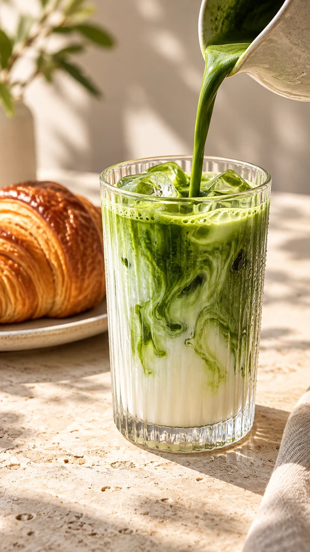 Matcha being poured over iced milk next to a croissant