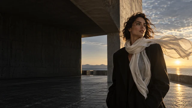 Wind catches an ivory scarf beneath monumental concrete architecture at golden hour