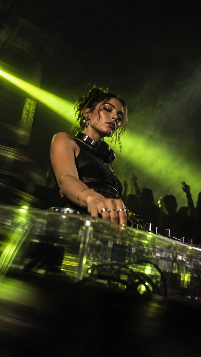 DJ performing beneath a vivid lime beam in a dark club