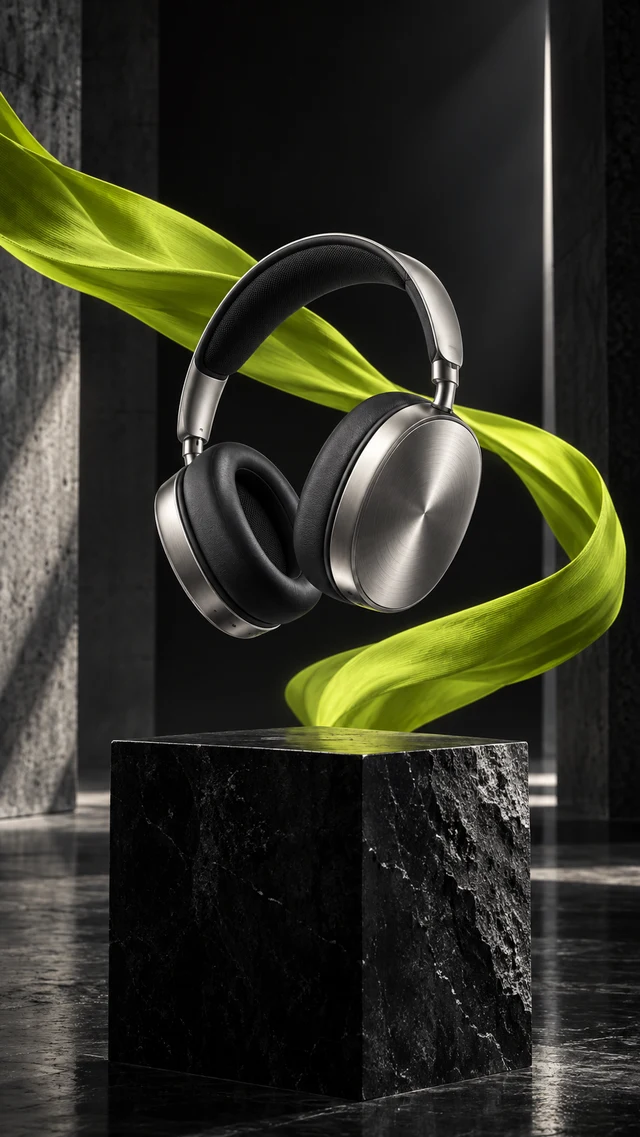 Brushed silver headphones on an obsidian plinth with a lime ribbon